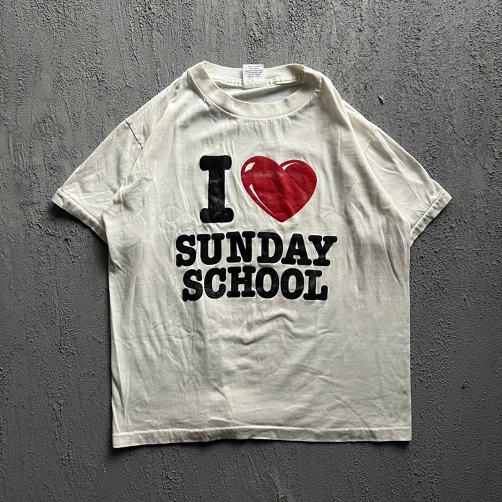 Vintage I Love Sunday School Shirt Medium White 1980s Belding Assembly Of God